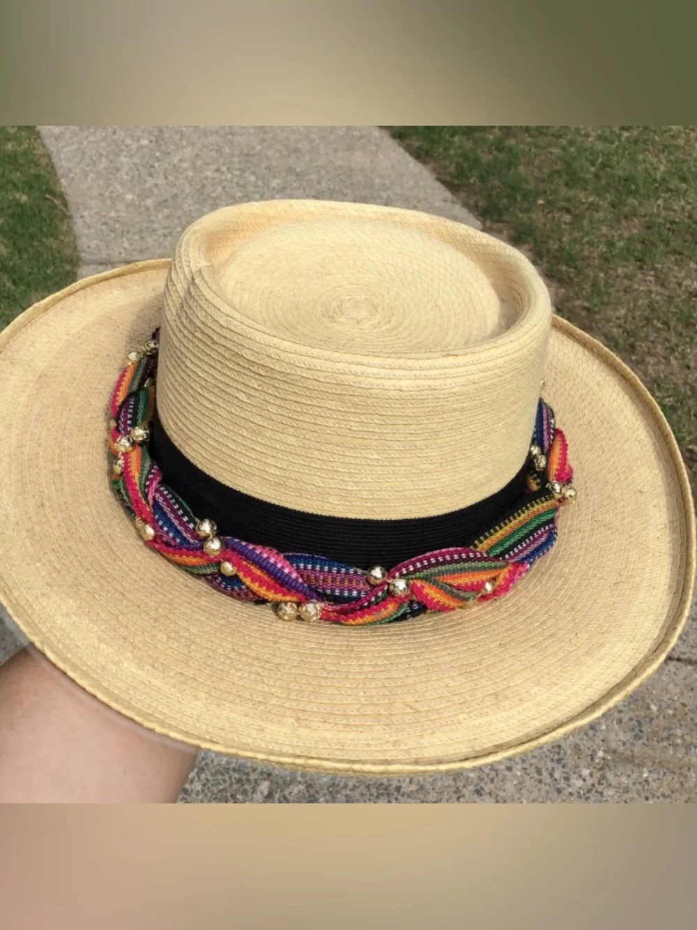 Gumarcaah Guatamala Handwoven Palm Beaded Bow Vintage Hat 55cm - Picture 3 of 6